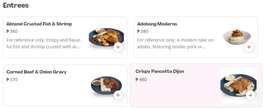 Dear Joe Entrees Menu Price